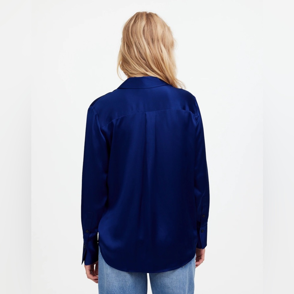 Madewell Silk Flap-Pocket Button-Up Shirt in Deep Cobalt - Picture 3 of 12